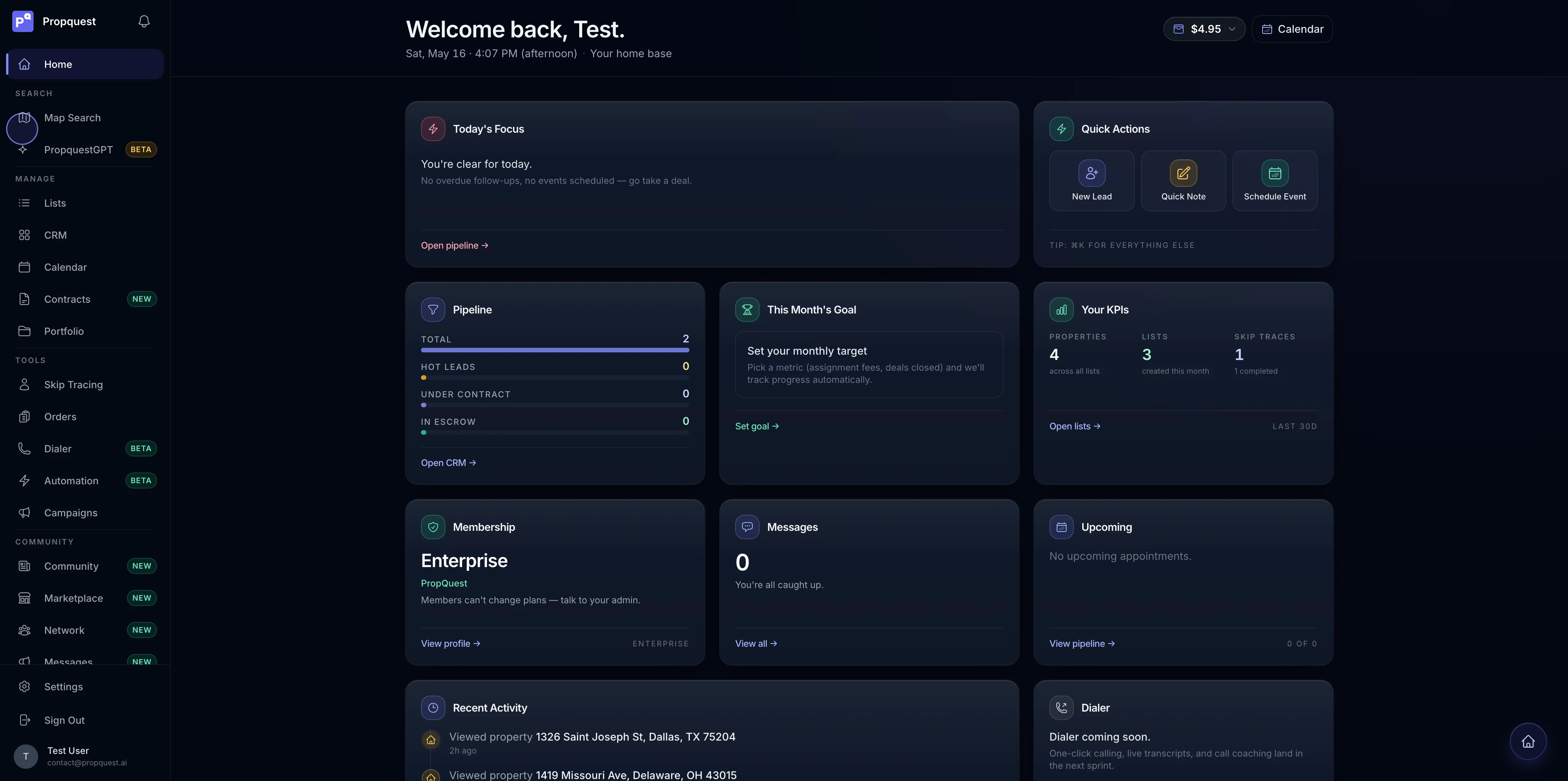 PropQuest home dashboard with widgets