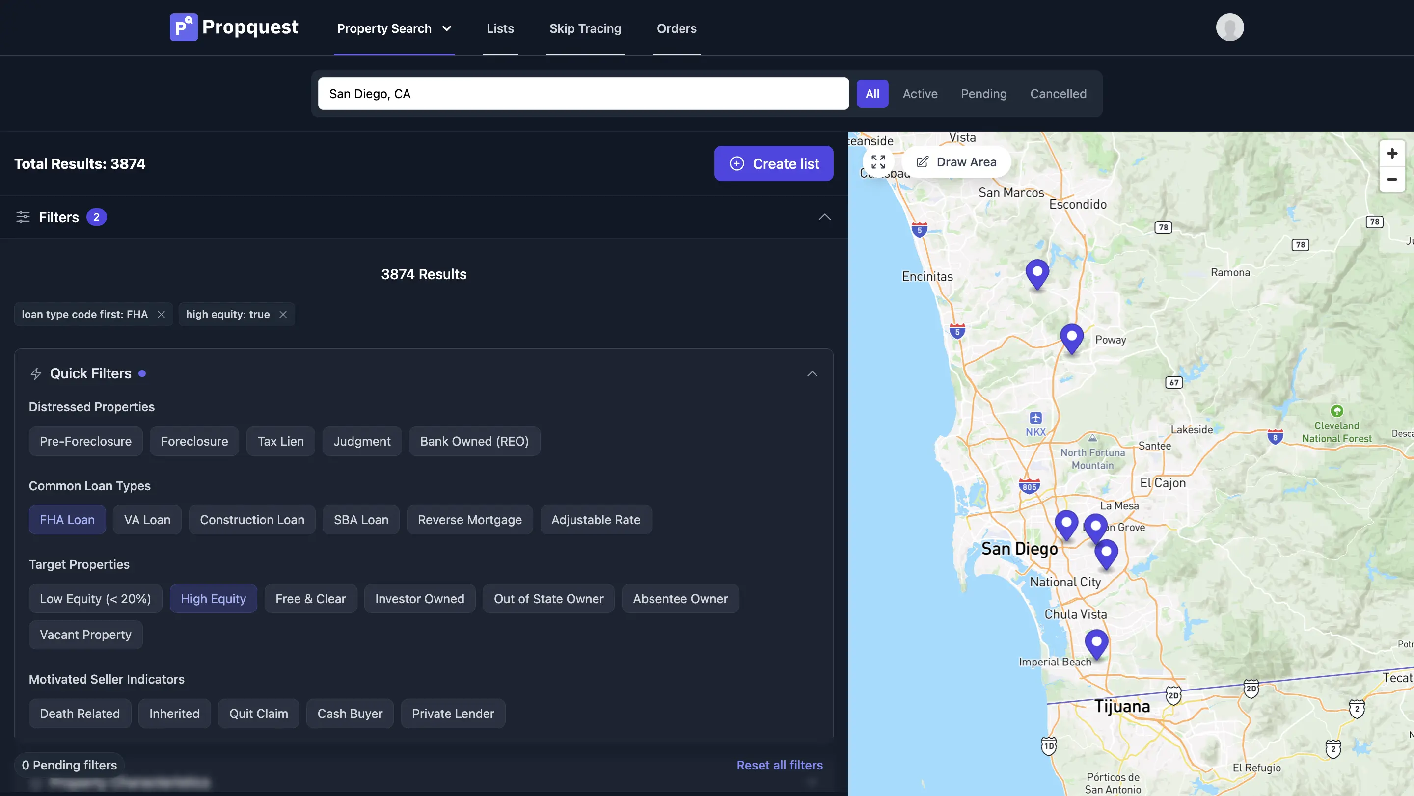 PropQuest filters for absentee, vacant, high-equity, and pre-foreclosure owners