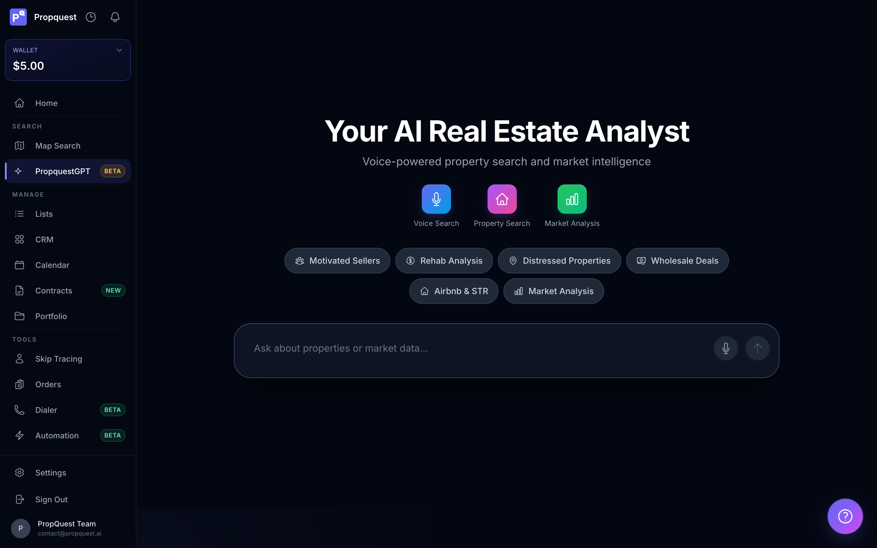AI search box with natural-language prompt and structured filter chips below