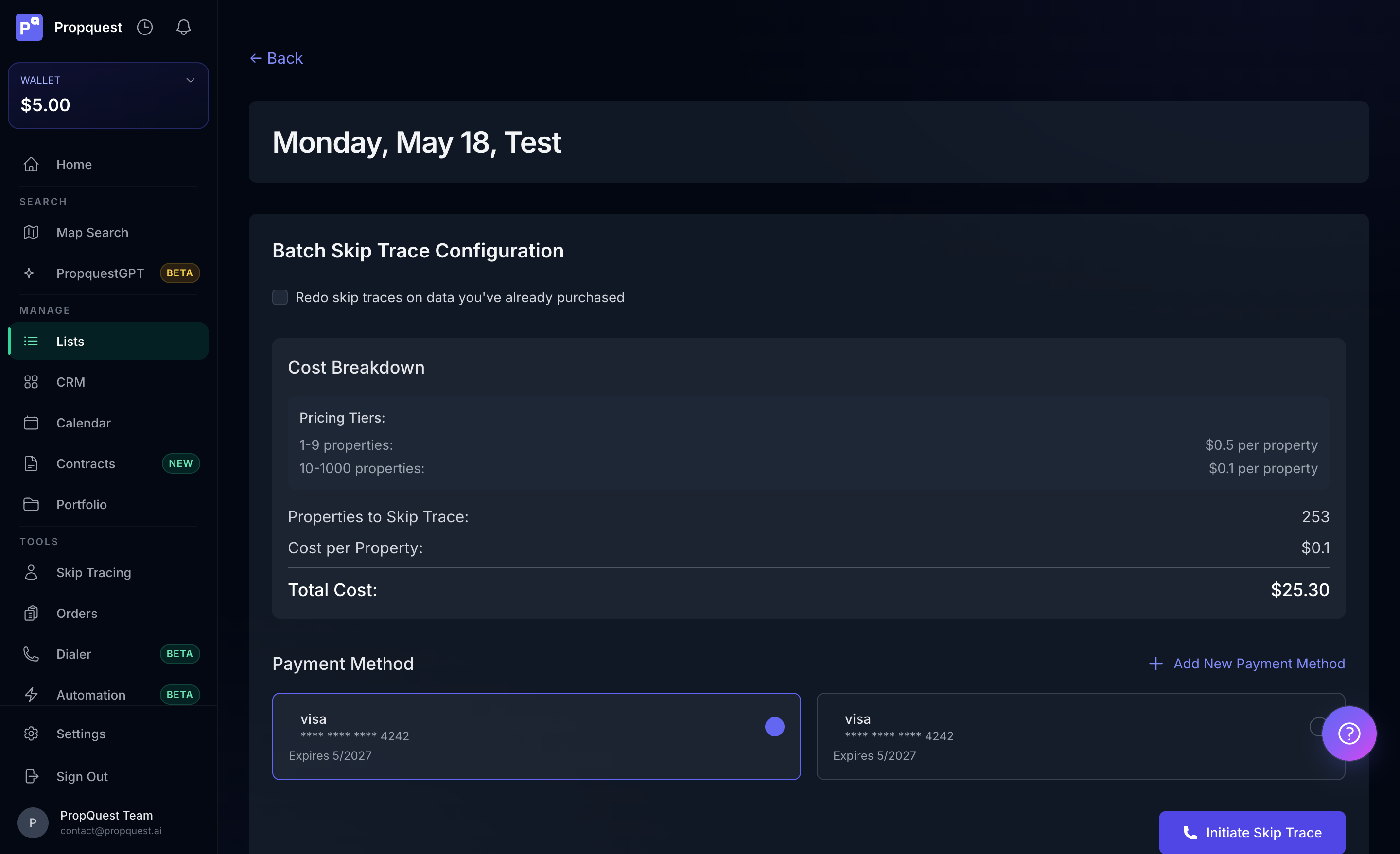 Batch Skip Trace Configuration screen — pricing tiers, properties count, cost breakdown, payment method selector, and Initiate Skip Trace button