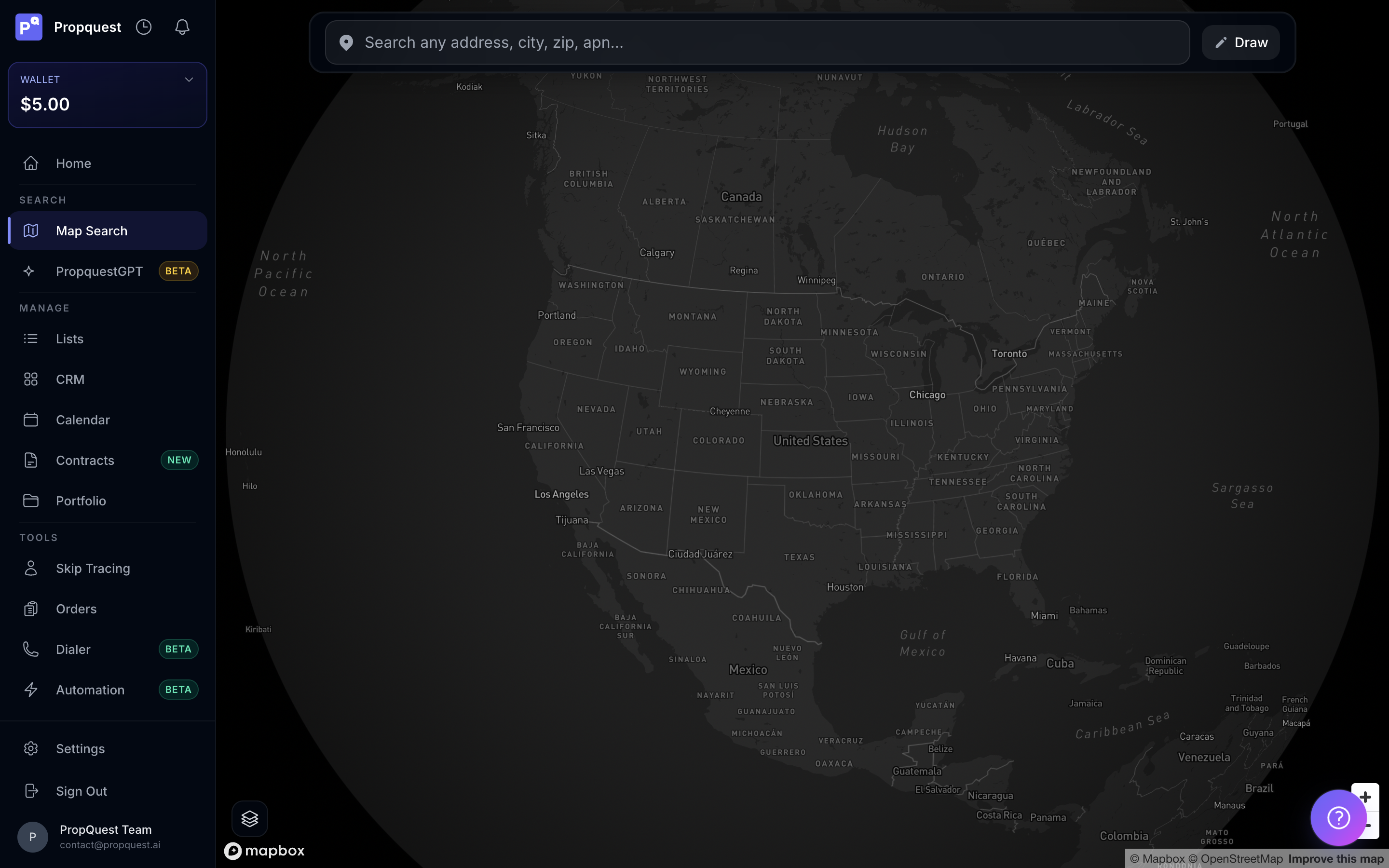 PropQuest dashboard with wallet balance, sidebar nav, and empty-state map