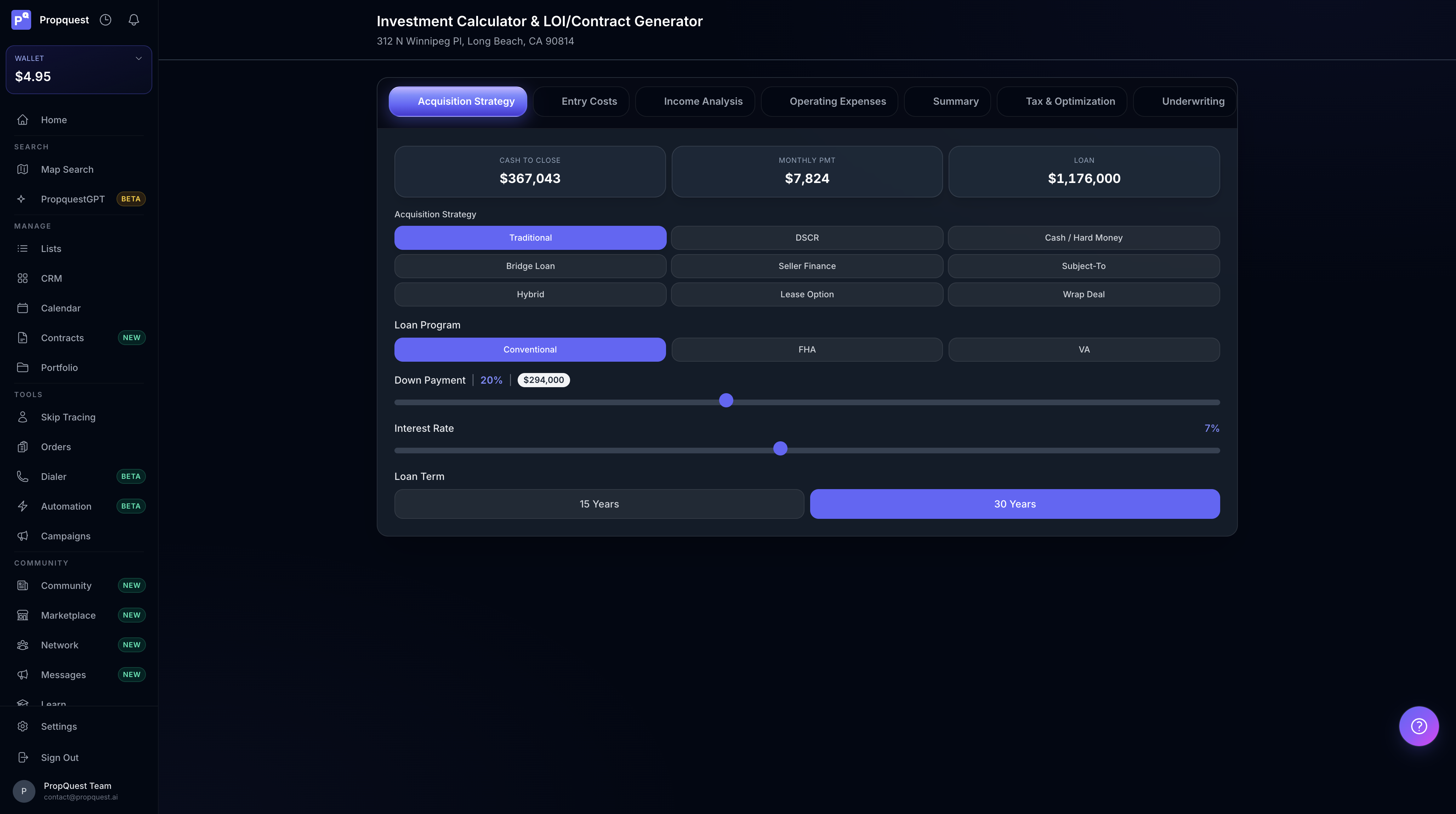 Acquisition Strategy tab — 9 strategies (Traditional, DSCR, Cash/Hard Money, Bridge Loan, Seller Finance, Subject-To, Hybrid, Lease Option, Wrap Deal), Loan Program selector, Down Payment + Interest Rate sliders, and a top KPI bar showing Cash to Close $367,043 / Monthly Pmt $7,824 / Loan $1,176,000