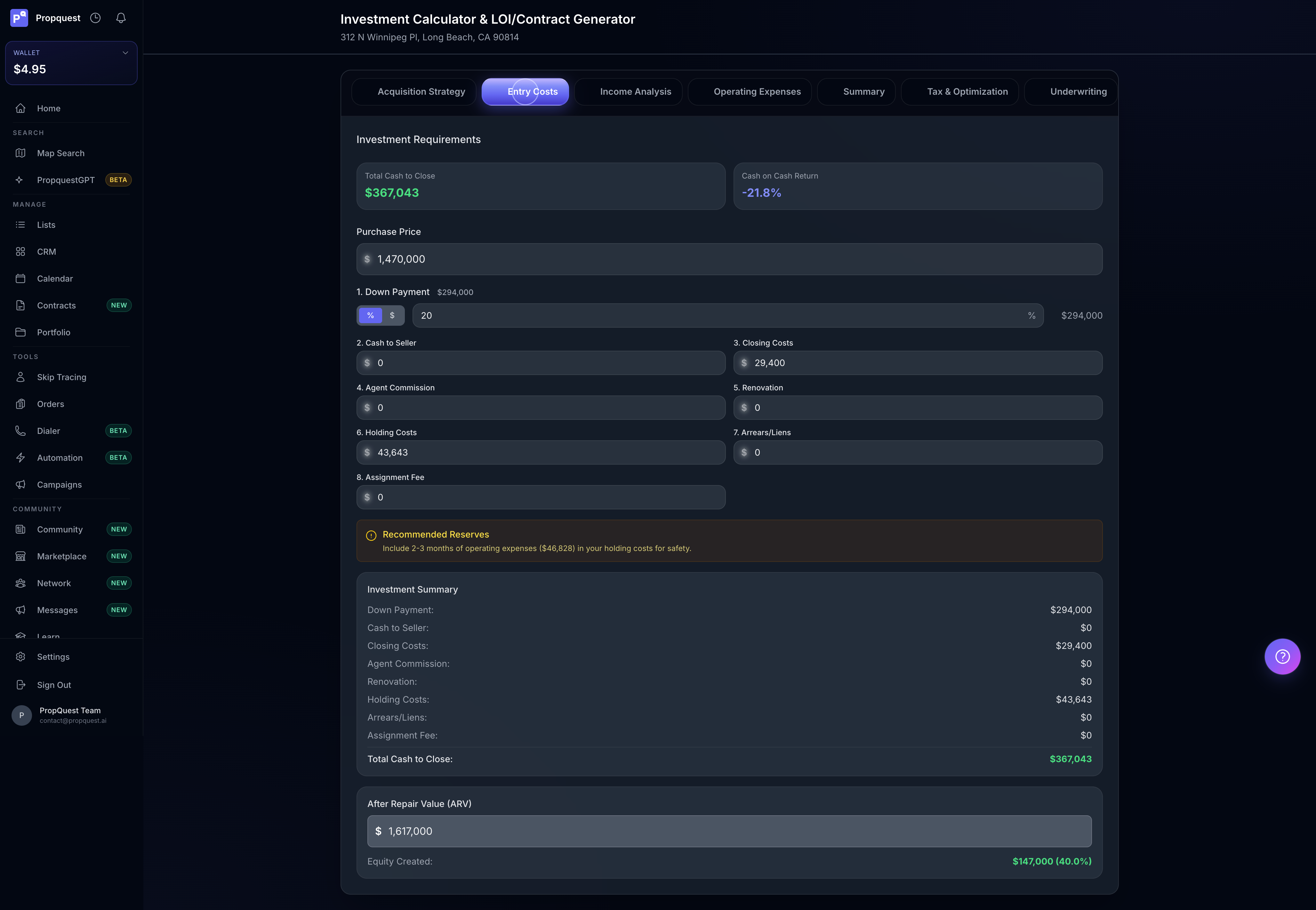 Entry Costs tab — 8 numbered line items (Down Payment, Cash to Seller, Closing Costs, Agent Commission, Renovation, Holding Costs, Arrears/Liens, Assignment Fee) with real $ values, ARV input field, and an Investment Summary panel on the right totaling $367,043 Cash to Close