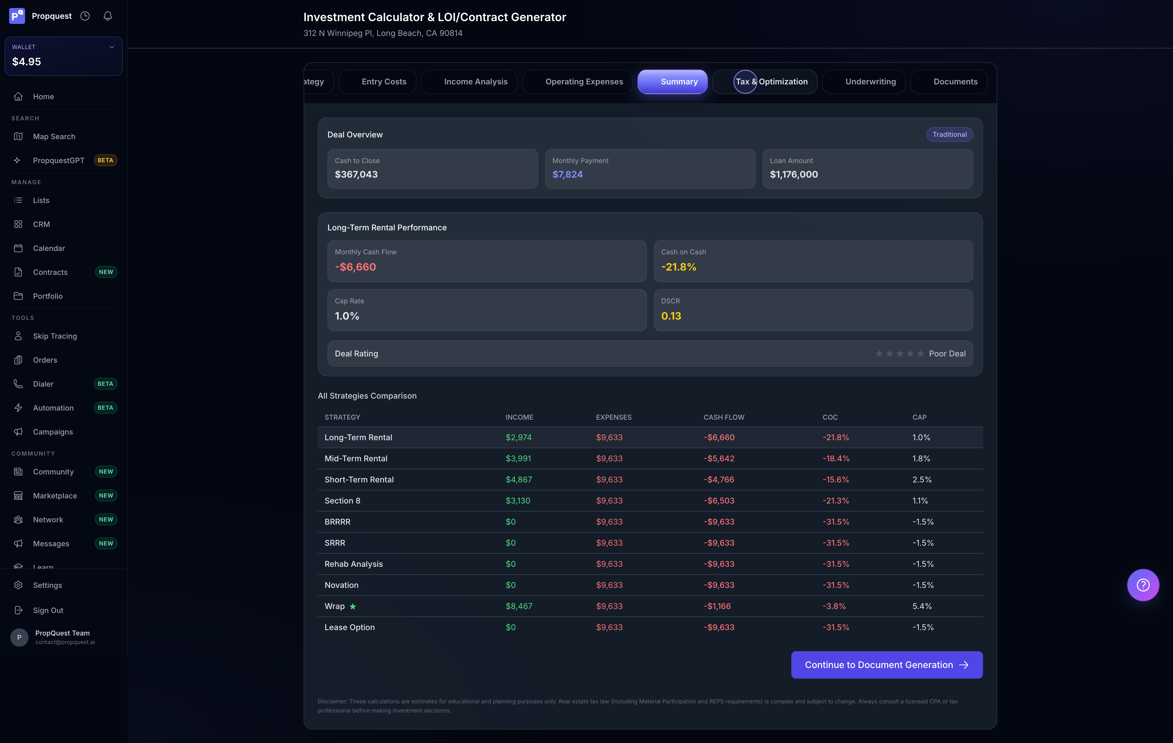 Summary tab — Deal Overview (Cash to Close, Monthly Payment, Loan), Long-Term Rental Performance (Cash Flow, CoC, Cap Rate, DSCR), star-based Deal Rating with "Poor Deal" label, and a full All Strategies Comparison table showing income/expenses/cash flow/CoC/Cap for Long-Term, Mid-Term, Short-Term, Section 8, BRRRR, SRRR, Rehab, Novation, Wrap, and Lease Option side-by-side. Big "Continue to Document Generation" button at the bottom