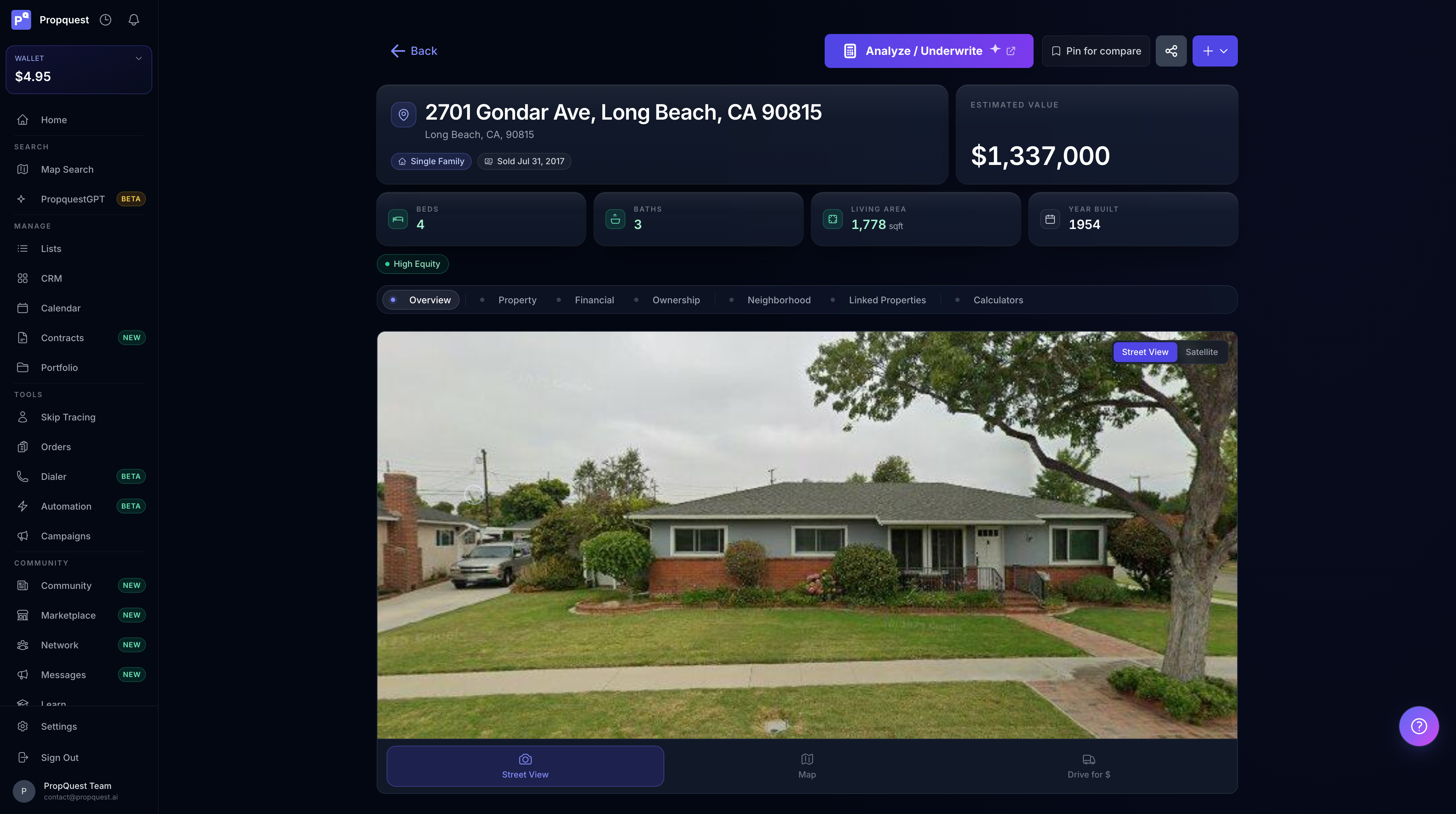 Property report header with address, estimated value, and Overview / Property / Financial / Ownership / Neighborhood / Linked Properties / Calculators tabs