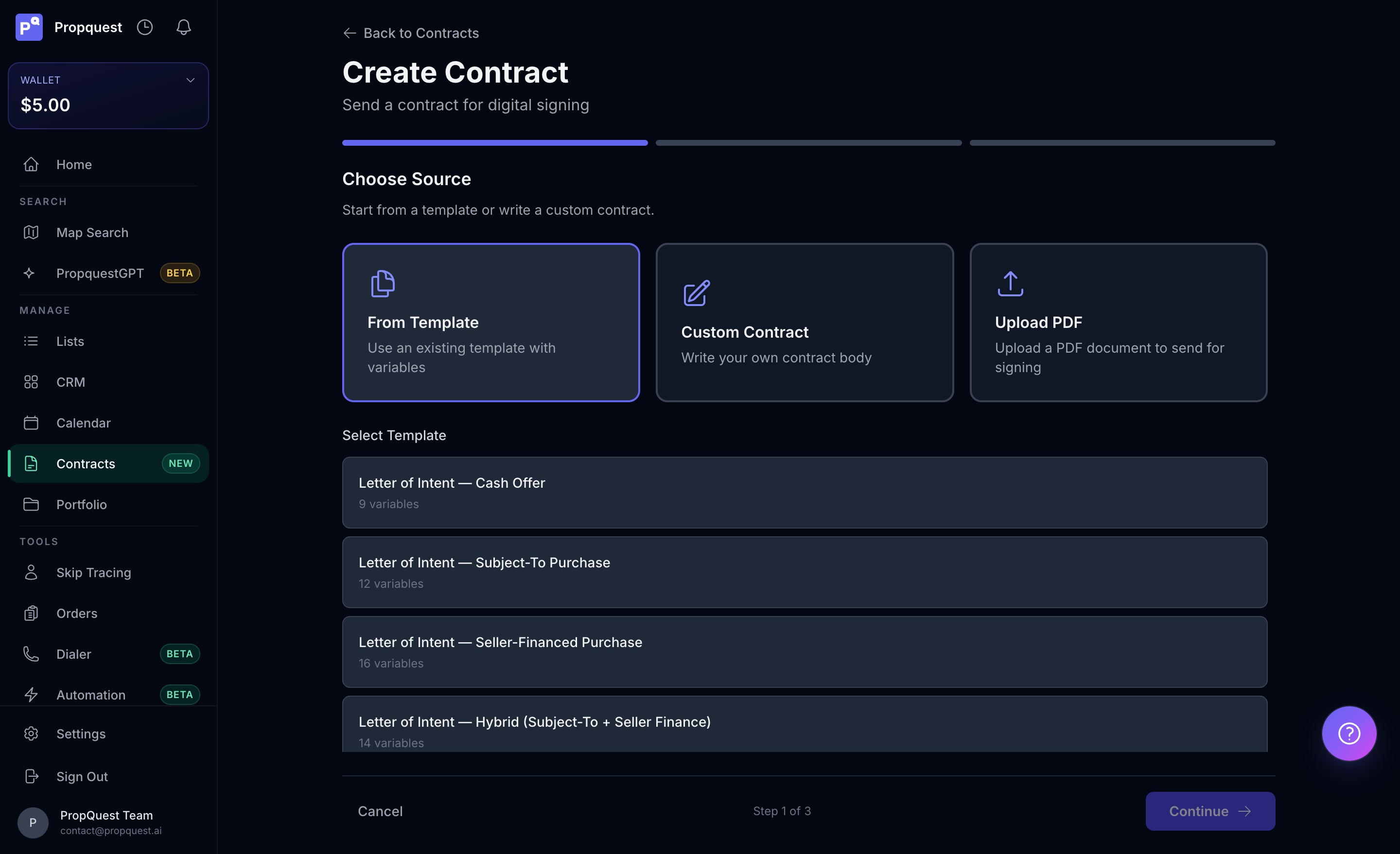 Create Contract template picker showing Letter of Intent variants — Cash Offer, Subject-To Purchase, Seller-Financed Purchase, Hybrid (Subject-To + Seller Finance) with variable counts