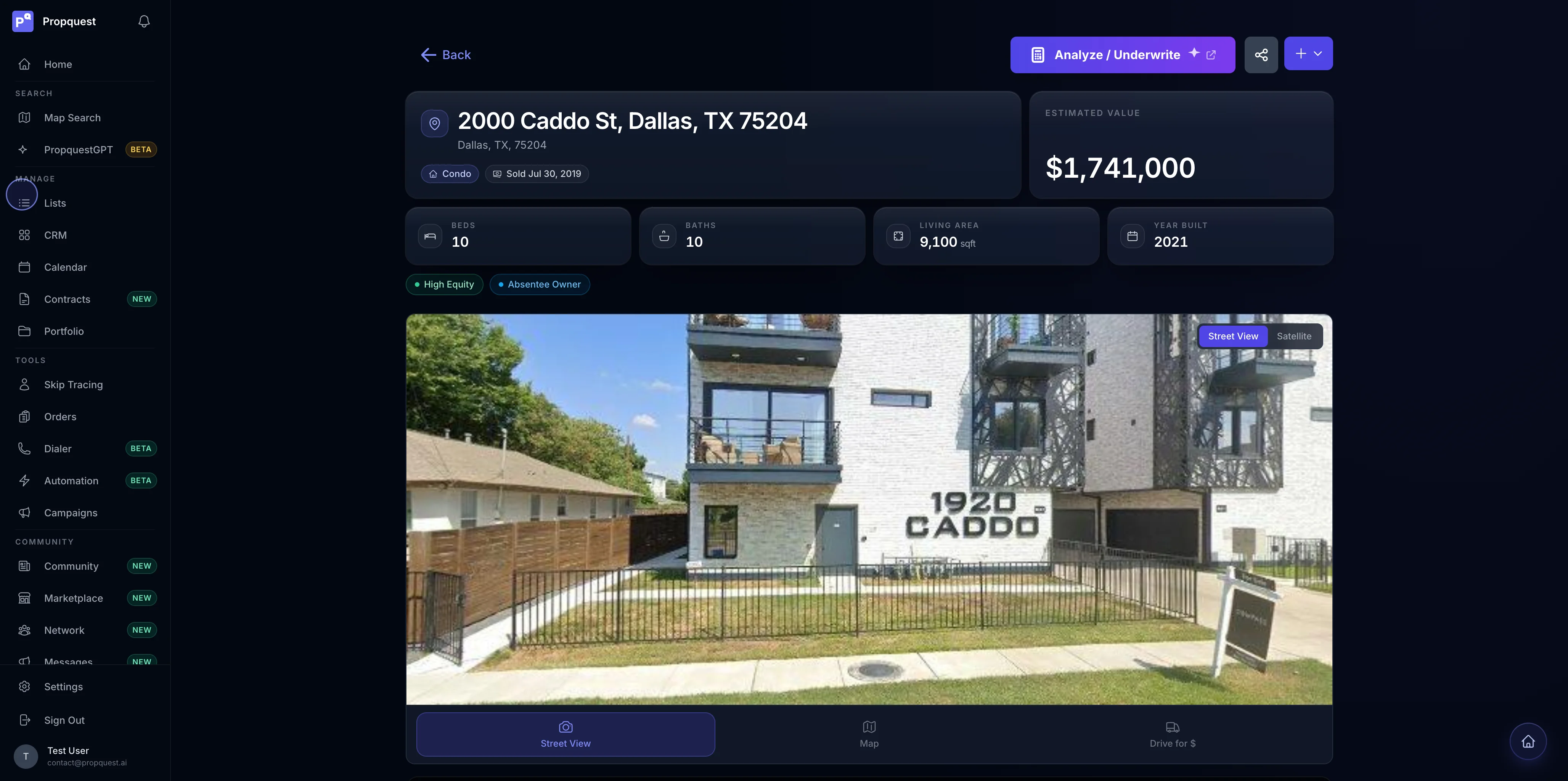 PropQuest property report with bento layout